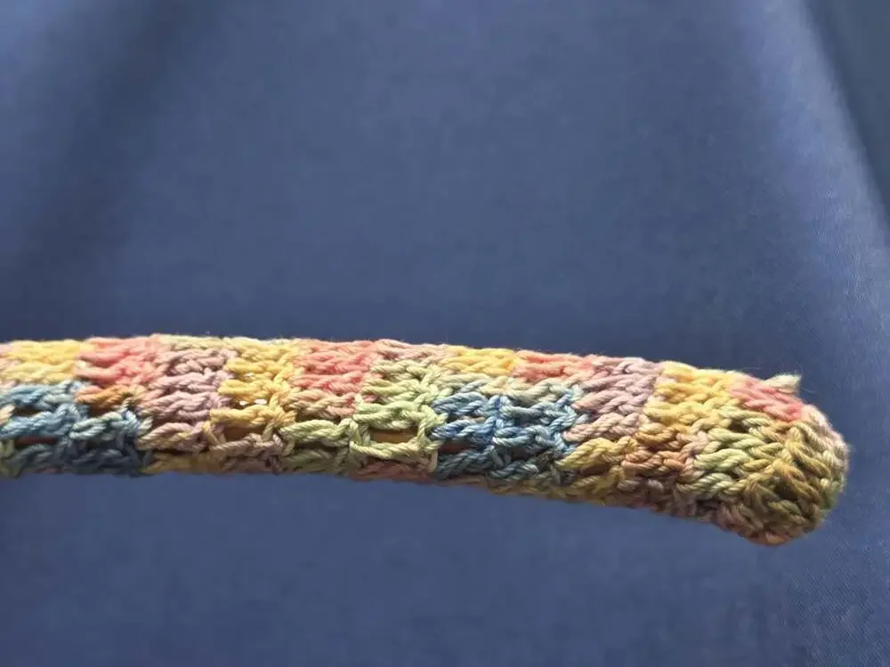 Vtg Crochet Covered Hanger Multicolored Pastel Yarn Handcrafted Wood Metal Hook